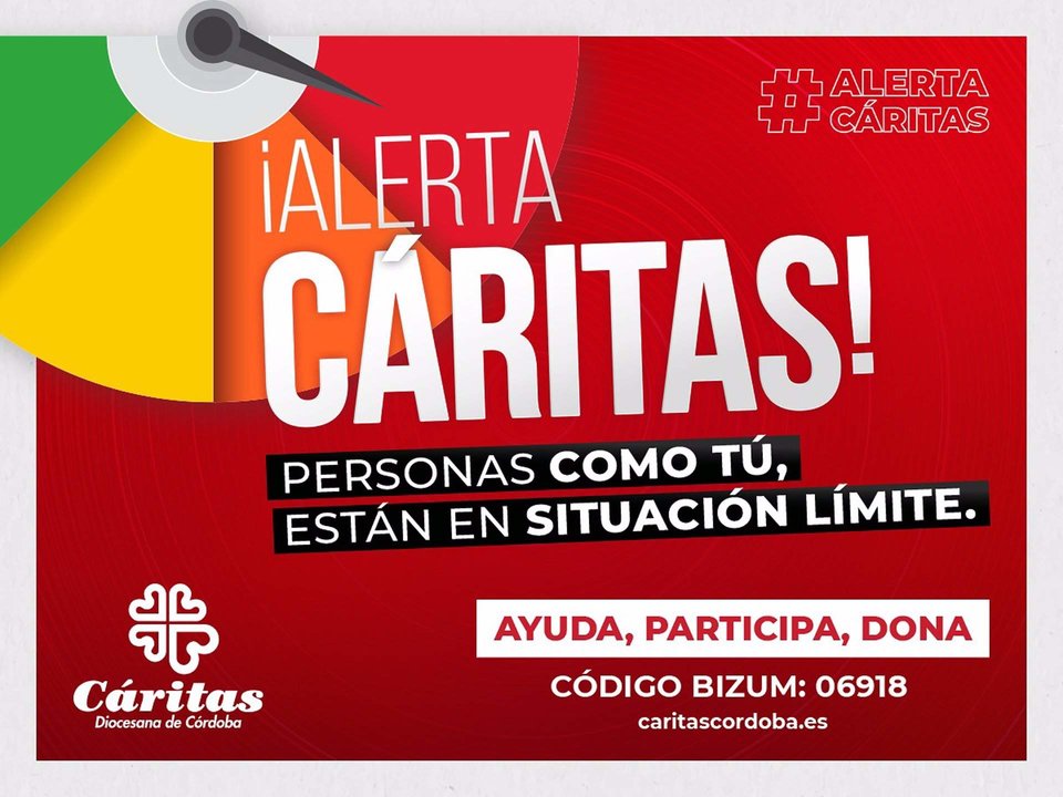 Imagen promocional de la campaña '#AlertaCáritas', que busca recaudar donativos para acompañar a las familias más vulnerables de Córdoba
