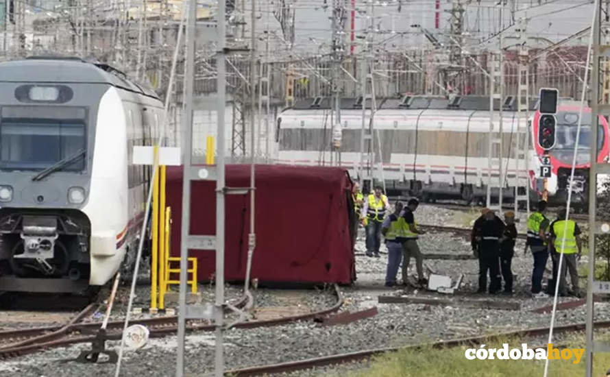 La Policía, bomberos y la UME despliegan el dispositivos para sacar el cadáver de Alvaro Prieto entre dos trenes cerca de la estación de Santa Justa FOTO EUROPA PRESS