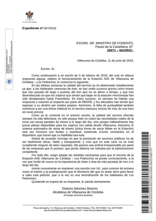Carta a Fomento de la Alcaldesa de Villanueva