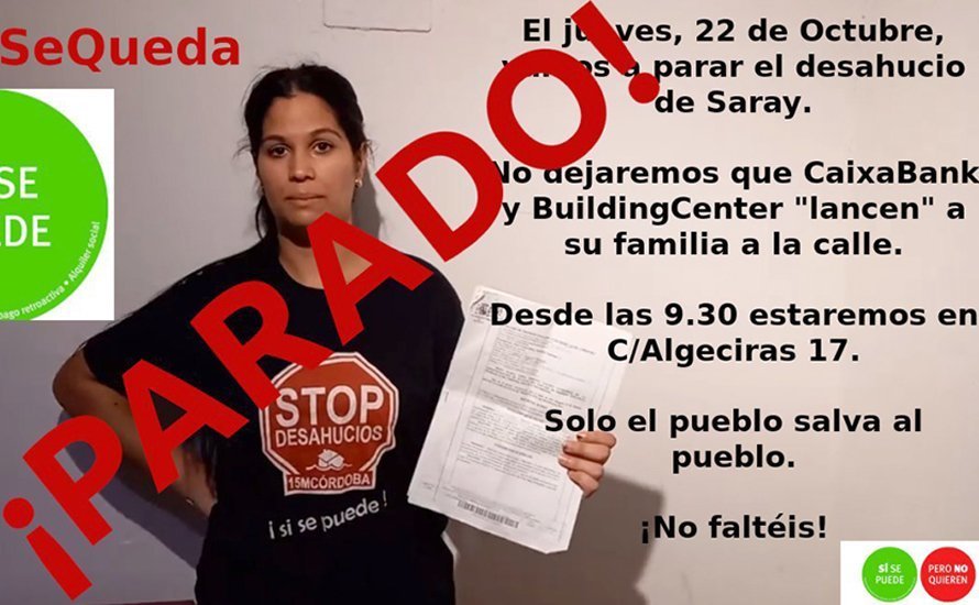 Cartel de Stop Desahucios sobre el lanzamiento de Saray y su familia