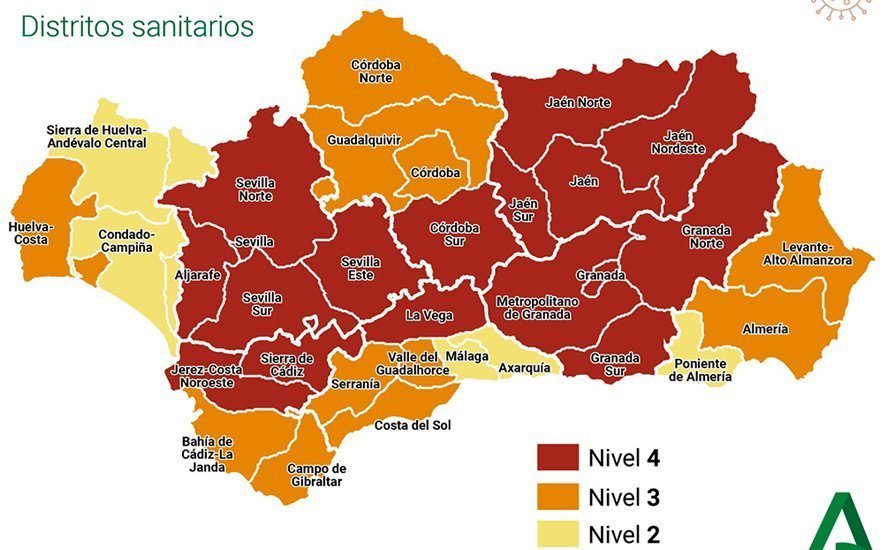 Mapa con los niveles por zonas en Andalucía
