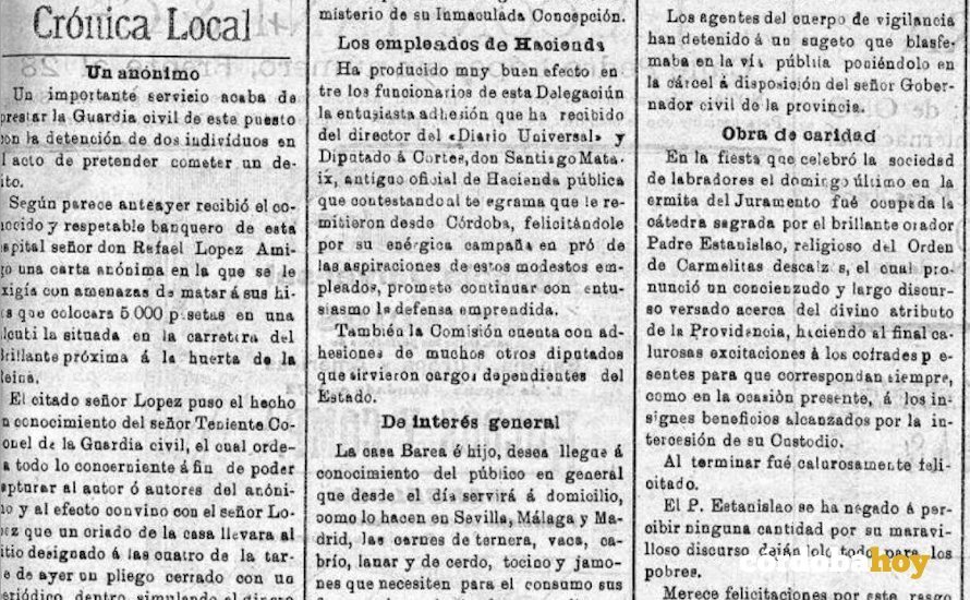 Fragmento de El Defensor de Córdoba en el que narra el chantaje sucedido el 6 de noviembre de 1905