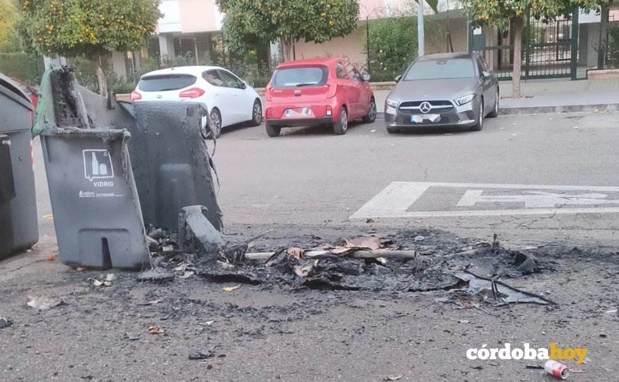 Contenedor afectado por el fuego en la calle Miguel Ángel Ortí Belmonte