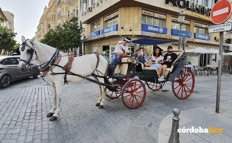 Un coche de caballos con turistas en la Plaza de Las Tendillas