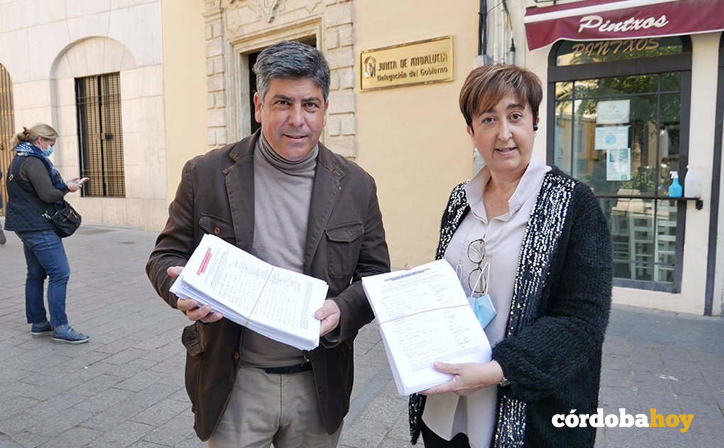 Rafael Llamas y Paqui Carmona muestran las miles de firmas que han entregado a la Junta en defensa de la sanidad pública
