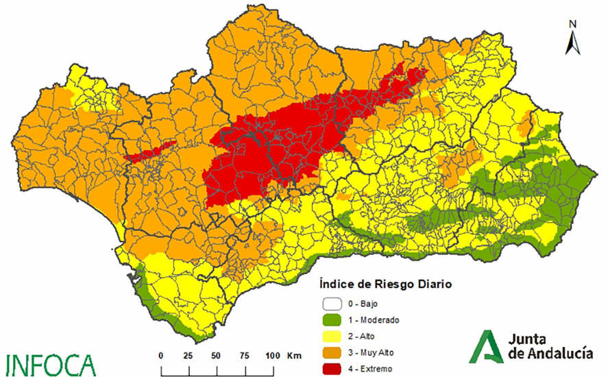 Mapa del riesgo de incendios del Infoca previsto para hoy