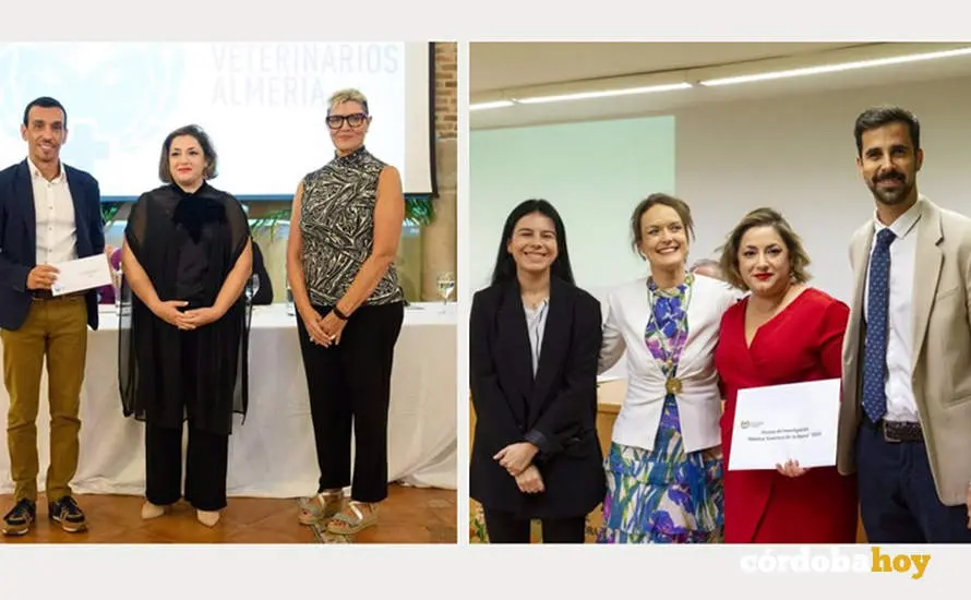 En la primera imagen, Ignacio Garc&iacute;a Bocanegra (izda.) y Maria &Aacute;ngeles Risalde (centro) recogiendo el premio &lsquo;Francisco Fern&aacute;ndez L&oacute;pez&rsquo;, y en la segunda imagen, Maria &Aacute;ngeles Risalde y Javier Caballero (ambos dcha.)