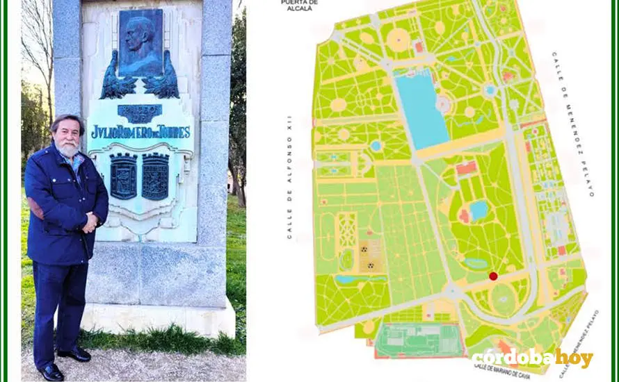 Jos&eacute; Gabriel Astudillo junto al monumento homenaje a Julio Romero de Torres y su ubicaci&oacute;n en el Parque del Retiro de Madrid