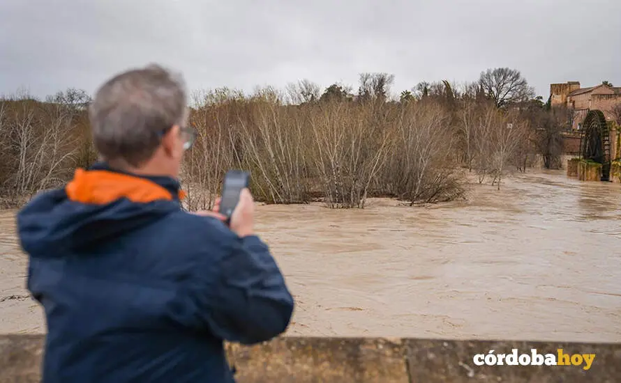El r&iacute;o Guadalquivir pasa en nivel rojo este jueves por toda la provincia de C&oacute;rdoba. Un viandante fotograf&iacute;a el caudal, en la capital FOTO GUILLERMO MORALES / EUROPA PRESS