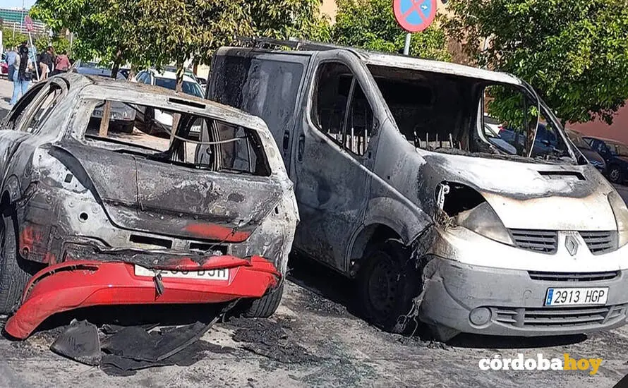 Dos de los veh&iacute;culos que han salido ardiendo la pasada madrugada en el Distrito Sur FOTO VECINOS