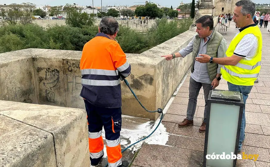 Miguel Ruiz Madruga (centro) con templa la eliminaci&oacute;n de las pintadas vand&aacute;licas del Puente Romano FOTO SADECO