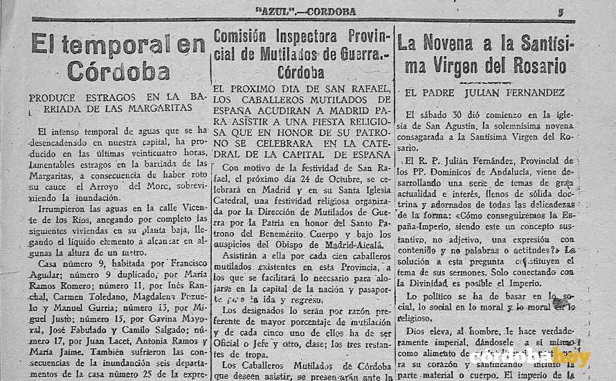 Fragmento de la página del diario Azul donde se narra el temporal que afectó a las Margaritas en 1939