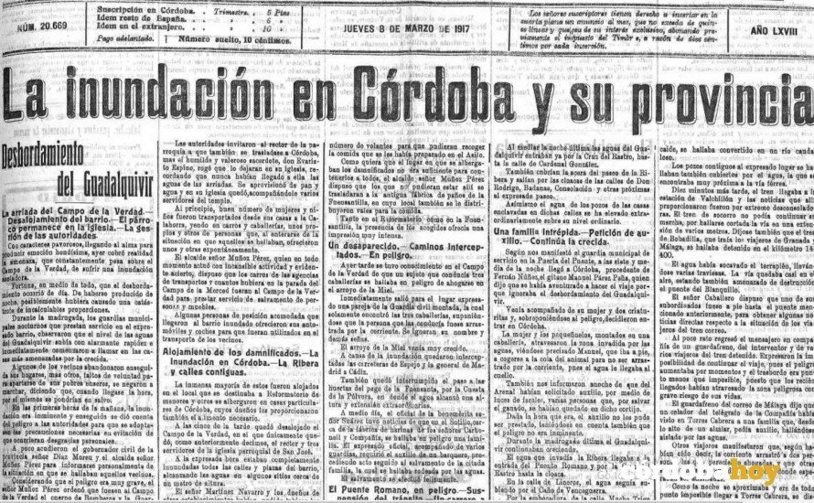 El 'Diario Córdoba' habla de la inundación sucedida el 7 de marzo de 1917