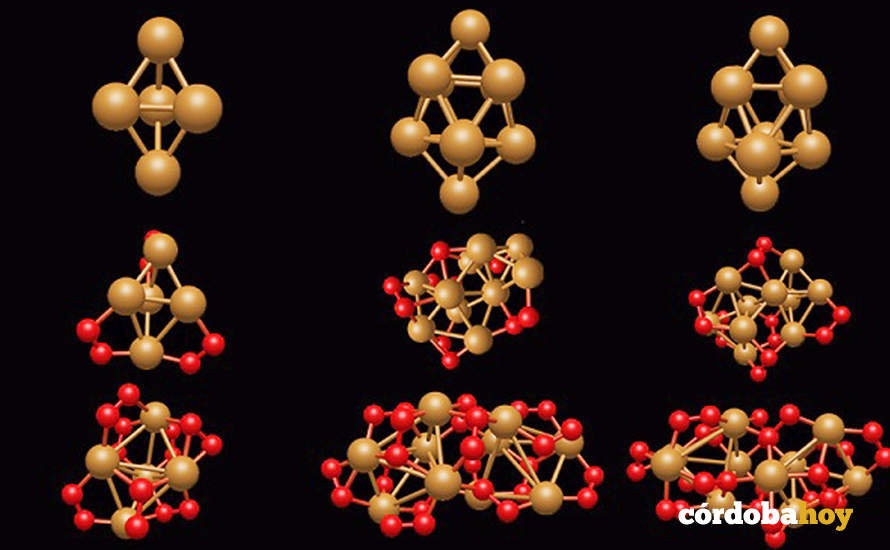 Detalle de agregados de metales de tamaño subnanométrico interaccionando con moléculas de oxígeno del medio ambiente