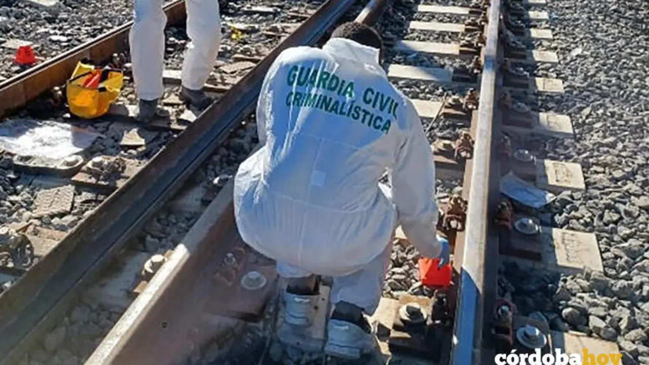 Una agente de la Guardia Civil investiga en las v&iacute;as las posibles causas del sinietro ferroviario de Adamuz FOTO JUNTA DE ANDALUC&Iacute;A