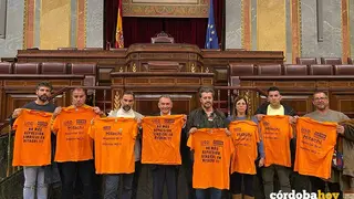 Representantes del comit&eacute; de empresa de Hitachi Energy y Enrique Santiago (centro), durante un encuentro en el Congreso de los Diputados el pasado diciembre FOTO CCOO