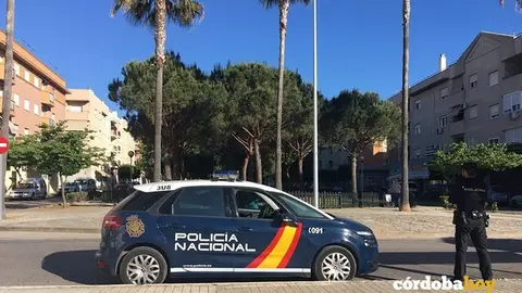 Agente de la Polic&iacute;a Nacional junto a su coche policial en C&oacute;rdoba