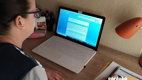 Una profesora con su ordenador trabajando desde casa.jpg