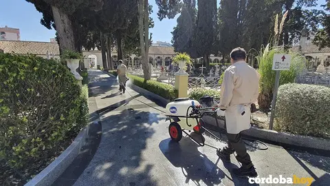 Trabajadores de Cecosam desinfectando el cementerio de San Rafael durante la pandemia, en una imagen de archivo