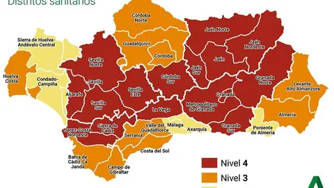 Mapa con los niveles por zonas en Andaluc&iacute;a