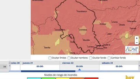 Niveles de riesgo de incendios previstos para el viernes, 22  de julio de 2022, en C&oacute;rdoba