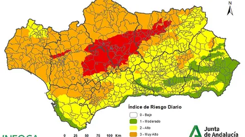 Mapa del riesgo de incendios del Infoca previsto para hoy