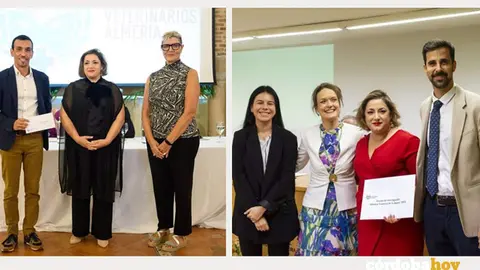 En la primera imagen, Ignacio Garc&iacute;a Bocanegra (izda.) y Maria &Aacute;ngeles Risalde (centro) recogiendo el premio &lsquo;Francisco Fern&aacute;ndez L&oacute;pez&rsquo;, y en la segunda imagen, Maria &Aacute;ngeles Risalde y Javier Caballero (ambos dcha.)