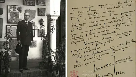 Eduardo Zamacois en una imagen de 1931 en C&oacute;rdoba y una carta suya manuscrita