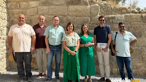 La alcaldesa de Baena (totalmente de verde) con t&eacute;cnicos en el muro Norte de las termas de Torreparedones