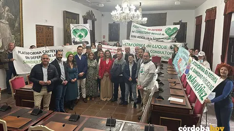 Alcaldes, portavoces y otros cargos institucionales y org&aacute;nicos del PSOE y de IU y miembros de la Coordinadora en Defensa de la Sanidad P&uacute;blica del &Aacute;rea Sur de C&oacute;rdoba en el encierro en la Diputaci&oacute;n de C&oacute;rdoba FOTO IU