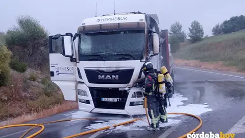 Los bomberos de Lucena en el incendio hoy de un veh&iacute;culo pesado en la Autov&iacute;a del Olivar FOTO CONSORCIO PROVINCIAL