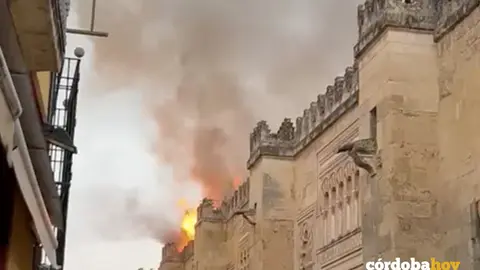 Las llamas sobre la Mezquita-Catedral de C&oacute;rdoba, en una imagen cogida de un video vecinal