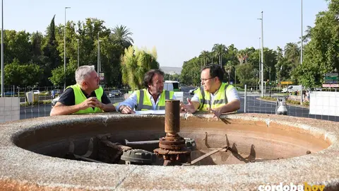 Daniel Garc&iacute;a-Ibarrola (centro) en la fuente de Vallellano FOTO EMACSA