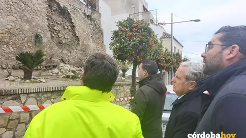 Salvador Fuentes (centro) contempla el derrumbe del muro de contenci&oacute;n en Espejo FOTO DIPUTACI&Oacute;N DE C&Oacute;RDOBA