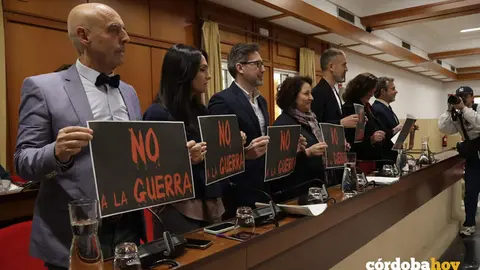 Las pancartas de 'No a la guerra' exhibidas en el Pleno de hoy por el Grupo Municipal Socialista FOTO RAFA MELLADO SENIOR
