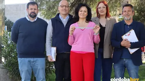 Cresp&iacute;n (centro), con el secretario de Organizaci&oacute;n, Antonio Gallego S&aacute;nchez, a su izquierda y otros cargos p&uacute;blicos y org&aacute;nicos del PSOE, junto al Hospital Provincial FOTO PSOE