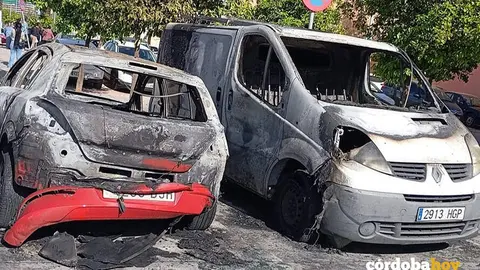 Dos de los veh&iacute;culos que han salido ardiendo la pasada madrugada en el Distrito Sur FOTO VECINOS