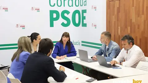 Victoria Fern&aacute;ndez (centro) habla con los responsables de AJE, junto a ediles socialistas, en la sede provincial de su partido FOTO PSOE
