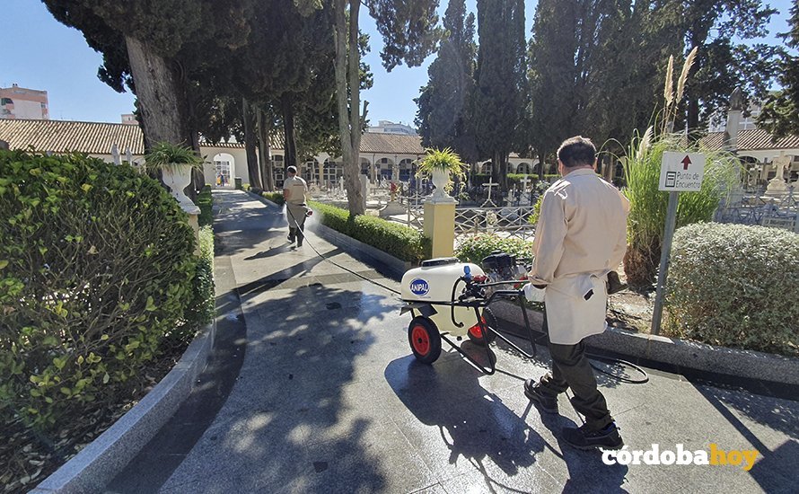 Trabajadores de Cecosam desinfectando el cementerio de San Rafael
