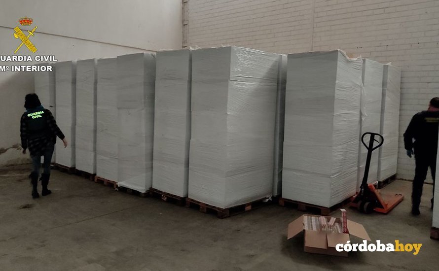 Agentes de la Guardia Civil contemplan los palés con el tabaco ilegal