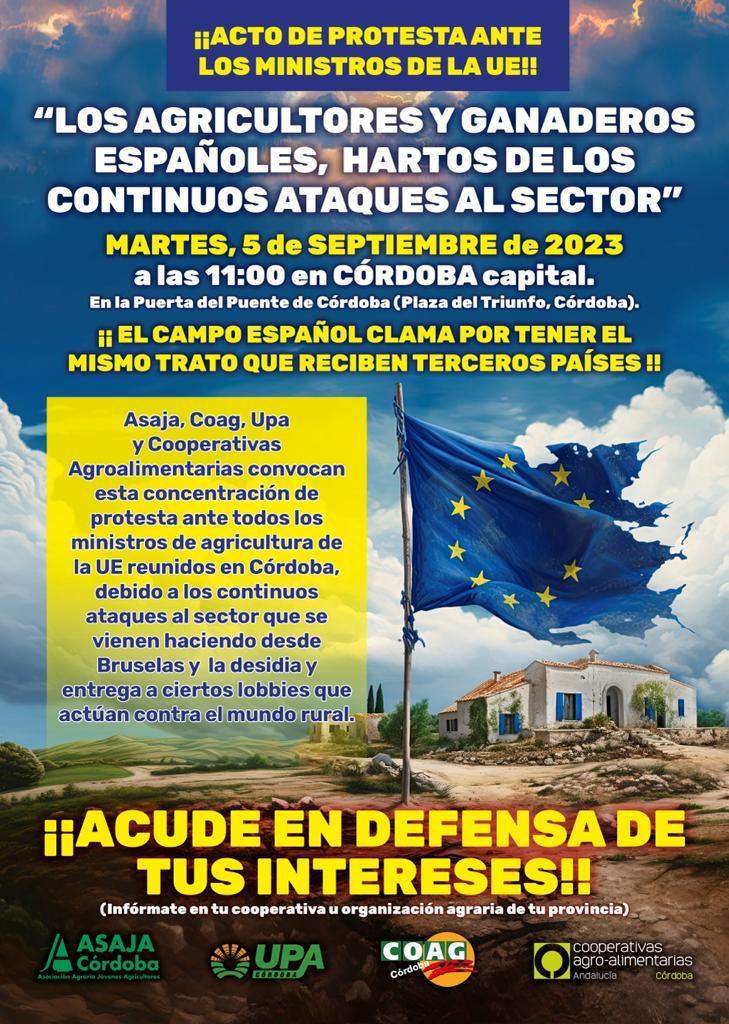 Cartel de concentración de la protesta de agricultores ante los ministros de la UE en Córdoba