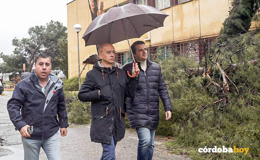 Miguel Ruiz Madruga, Francisco Triviño y José María Bellido contemplan los daños del temporal en el Reina Sofía