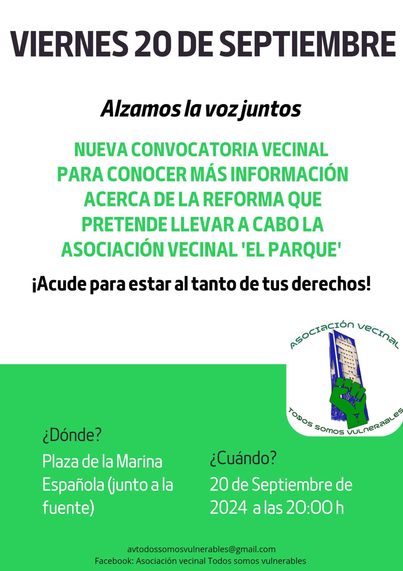 Cartel de la convocatoria vecinal para el viernes, día 20, en Parque Figuera