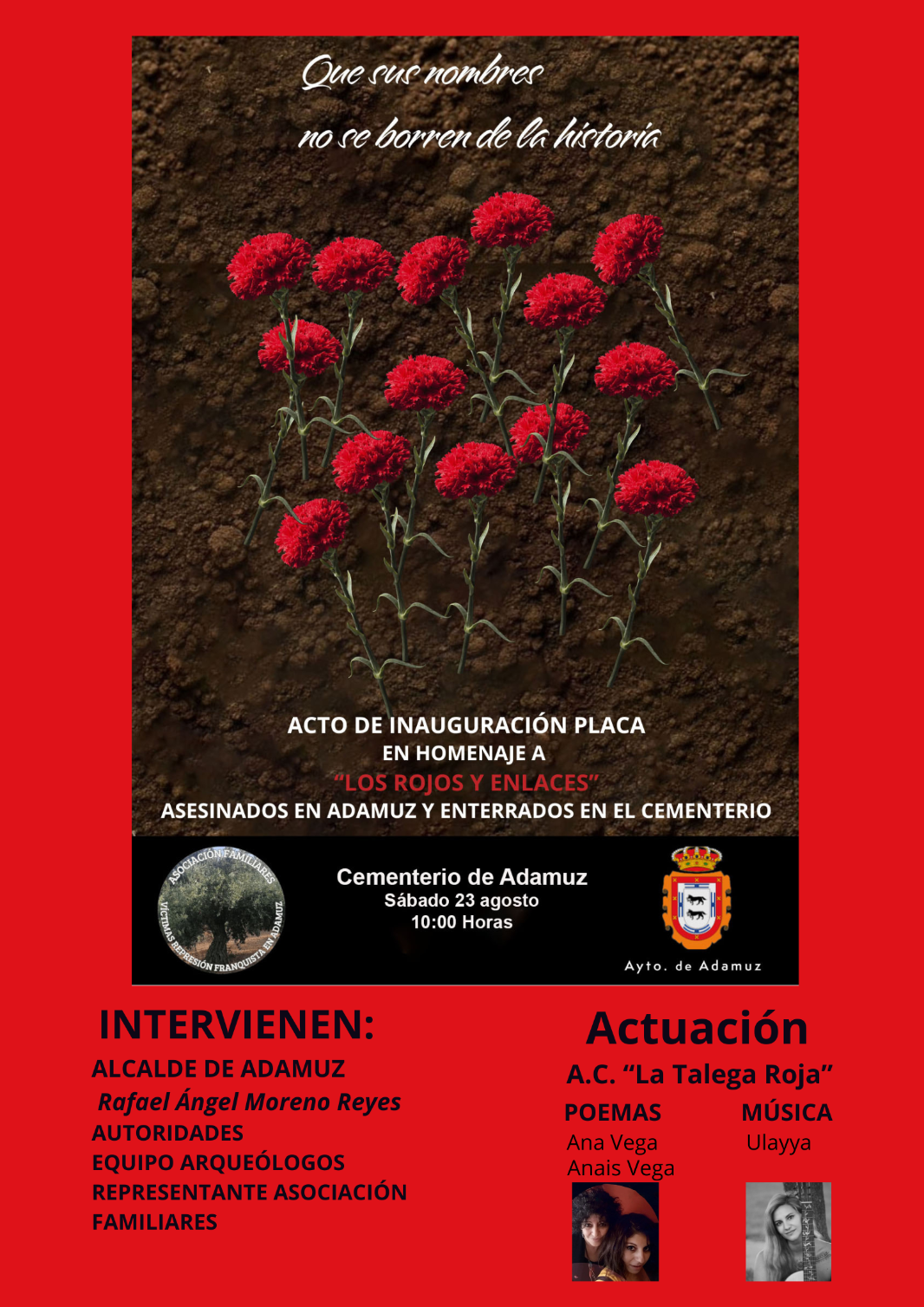 Cartel de la inauguración de la placa en el cementerio de Adamuz