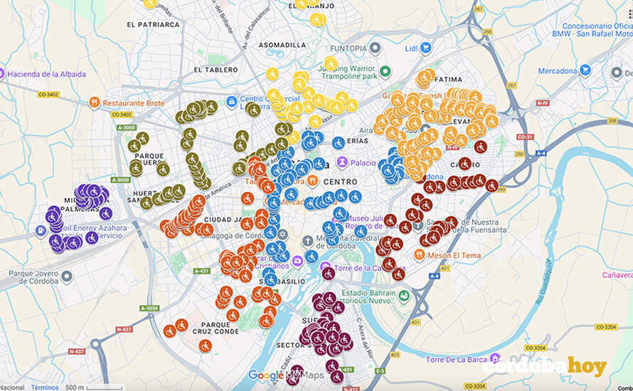 Mapa con parte de las actuaciones de accesibilidad llevadas a cabo en la capital cordobesa FOTO WEB DEL AYUNTAMIENTO