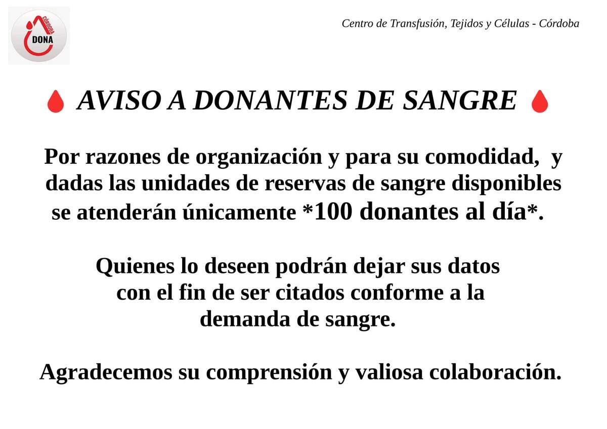 Aviso de hoy del Centro de Transfusión de Córdoba