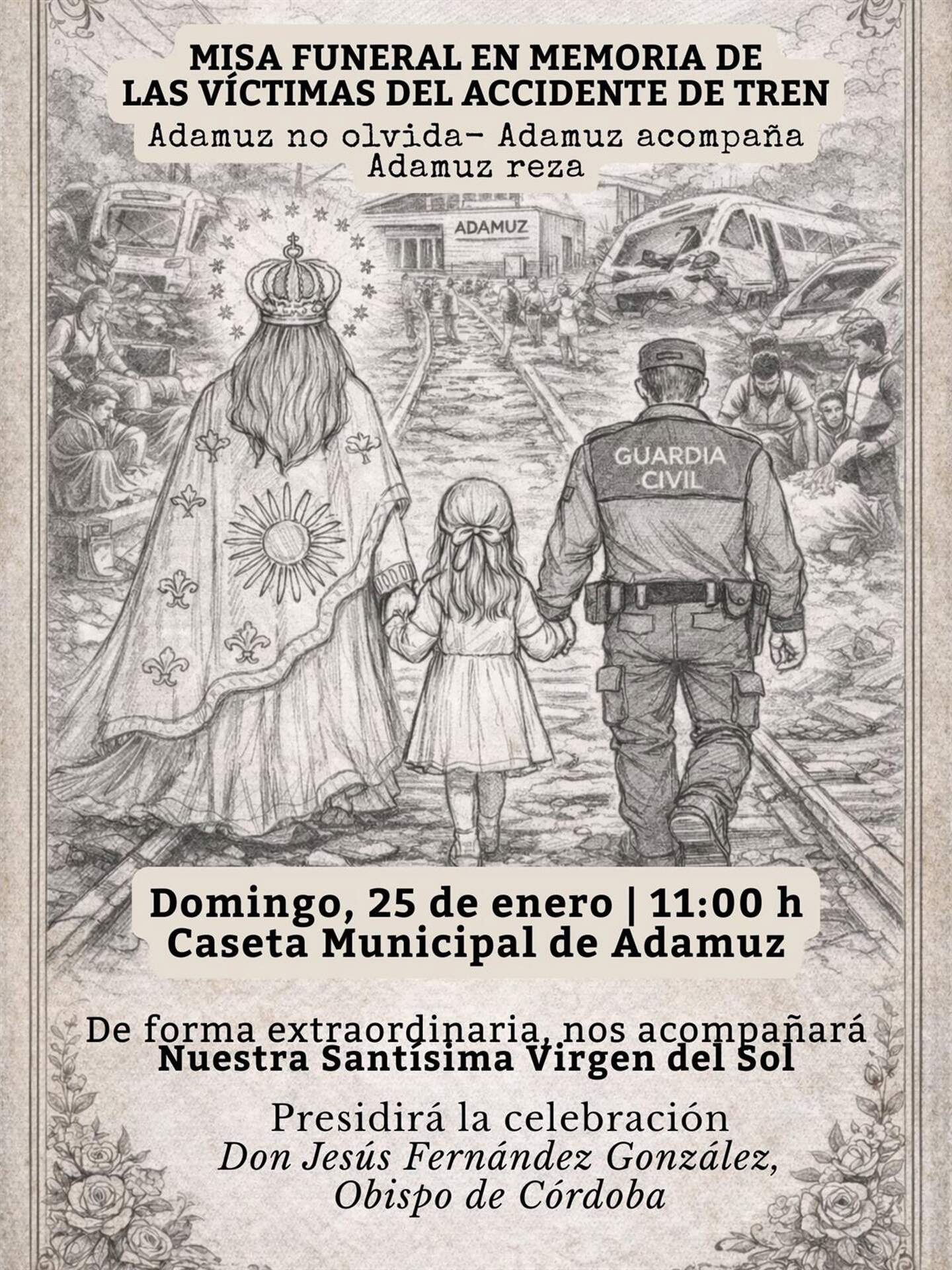Cartel de la misa funeral que oficiará el domingo el obispo de Córdoba en Adamuz por las víctimas del siniestro ferroviario IMAGEN DIÓCESIS DE CÓRDOBA